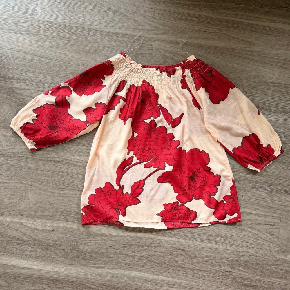 Cato Red Floral Cream Off The Shoulder 3/4 Sleeve Peasant Top Sm Boho Feminine - Picture 4 of 10
